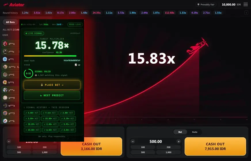 Aviator Predictor APK 15.78x maqsad va 15.83x raund natijasini ko‘rsatmoqda