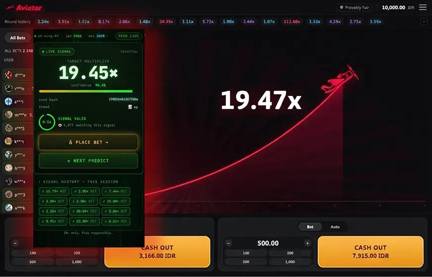 Aviator Predictor APK 19.45x maqsad va 19.47x raund natijasini ko‘rsatmoqda